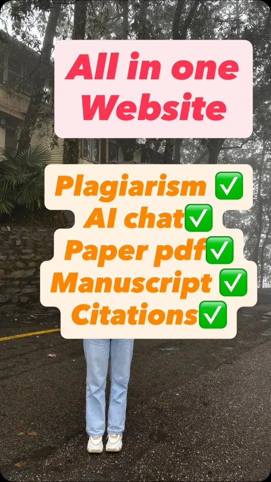 A researcher outdoors holding a hand-lettered sign listing plagiarism, AI chat, paper PDFs, manuscript, and citations, each ticked off