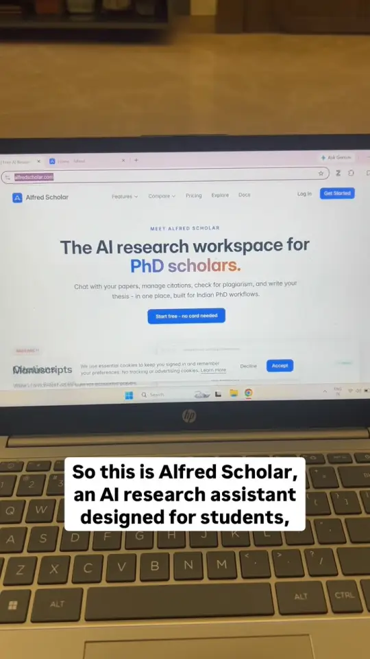 A laptop showing the Alfred Scholar homepage, captioned "So this is Alfred Scholar, an AI research assistant designed for students"
