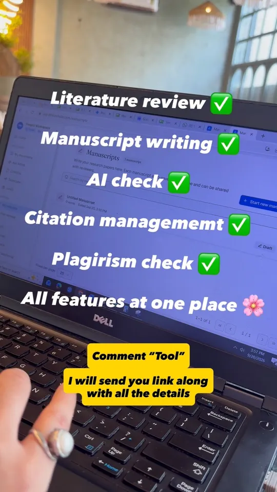 A hand on a laptop keyboard below an on-screen checklist of literature review, manuscript writing, AI check, citation management, and plagiarism check