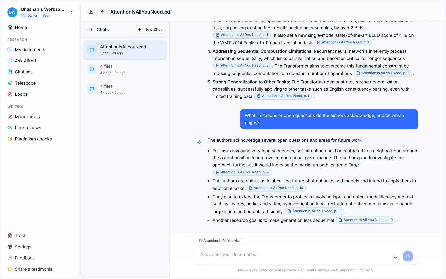 Ask Alfred chat in Alfred Scholar answering questions about a research paper with inline page citations for every claim