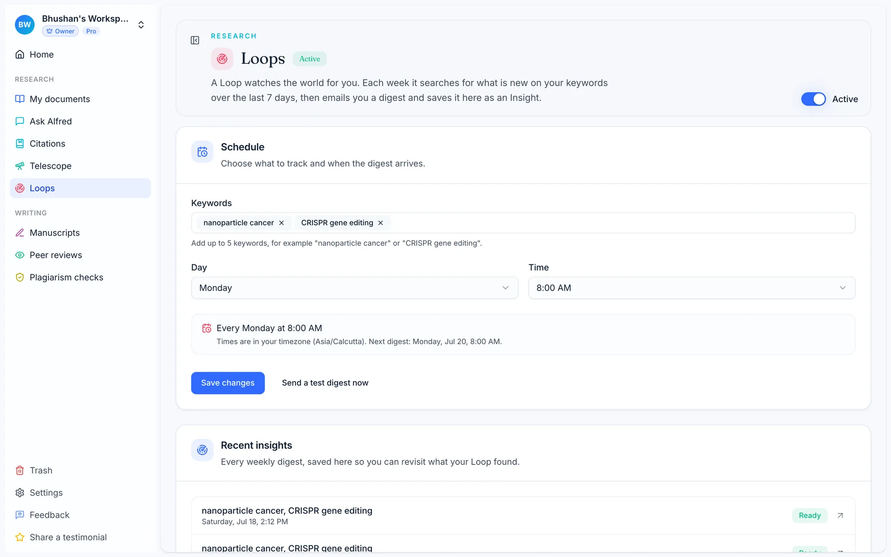 Loops in Alfred Scholar: a weekly research digest schedule with keywords, day and time pickers, and recent insights saved in the workspace